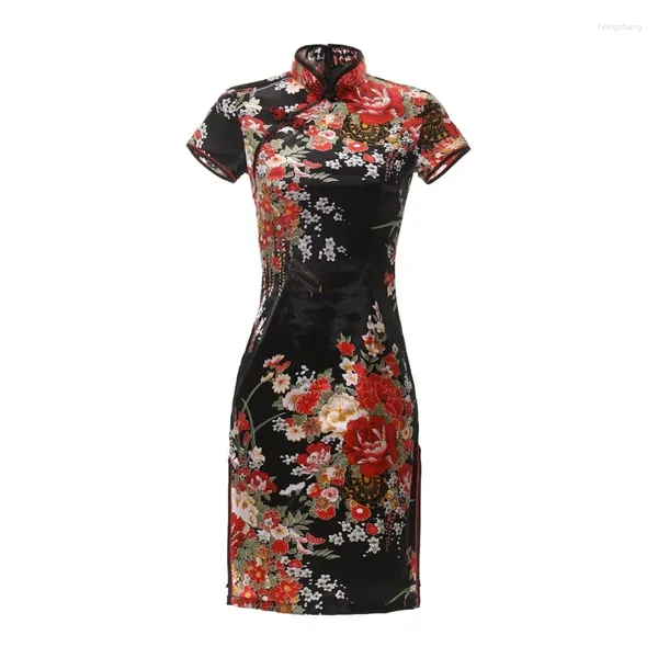 Abbigliamento etnico Nero Cinese Lady Sexy Cheongsam Stampa Fiore Mini Qipao Traditioanl Abito casual per donna Colletto alla coreana Oversize 6XL