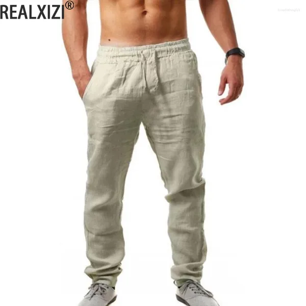 Calças masculinas de algodão linho comprimento total respirável calças casuais sweatpants cor sólida solta calças esportivas masculino streetwear