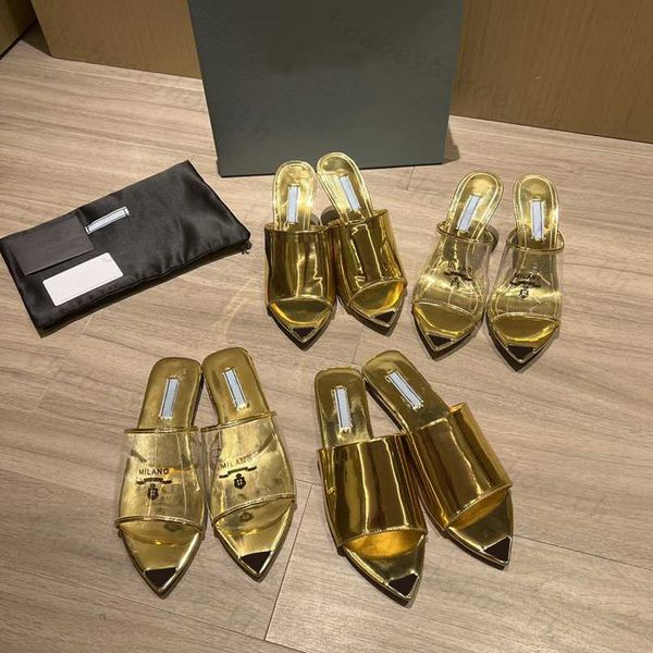 Designer-Damen-High-Heels, bedruckte Plexiglas-Sandalen, modische Milanese-Hausschuhe, dicke High-Heels, Gold-Silber-Metallic-Leder-Einlegesohlen-Hausschuhe