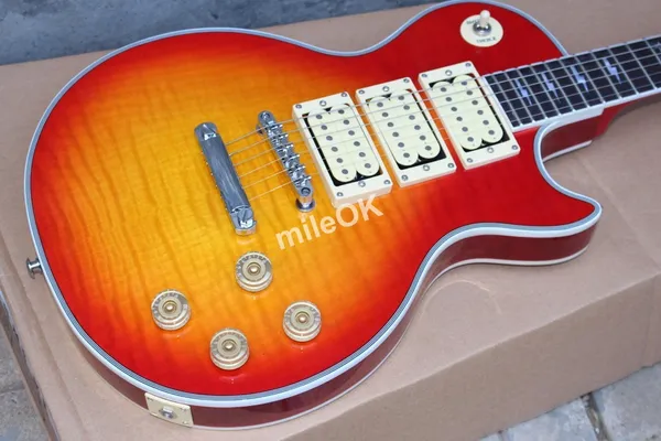 Caldo! Custom shop Ace frehley firma 3 pickup Chitarra elettrica, chitarra personalizzata vintage sunburst tigre fiamma Spedizione gratuita