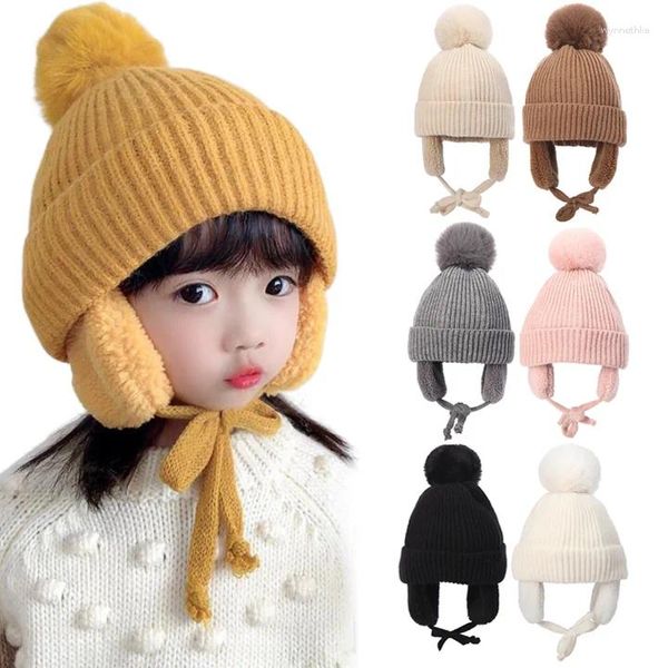 Berets Winter Baby Gehörschutz Warme Mützen Junge Mädchen Niedliche Haarball Wolle Soft Cap Kinder Outdoor Verdickte Winddichte Strickmütze 2-8 Jahre