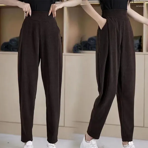 Pantaloni da donna in peluche spesso velluto a coste casual piedi caldi legati pantaloni di ravanello a vita alta Harlan per le donne