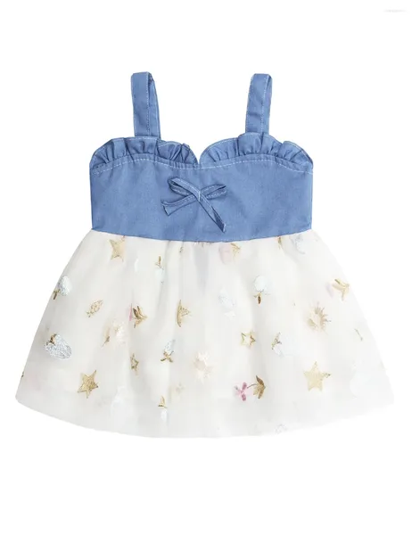 Платья для девочек KIDSCOOL SPACE Комбинезон для маленьких девочек Джинсовое платье Двухцветные тюлевые юбки на подтяжках с вышивкой «Звездное небо»