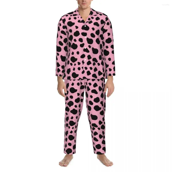 Pijamas masculinos pijamas masculinos manchas de vaca quarto nightwear animal pele impressão 2 peças casual pijama conjunto mangas compridas macio oversized casa terno