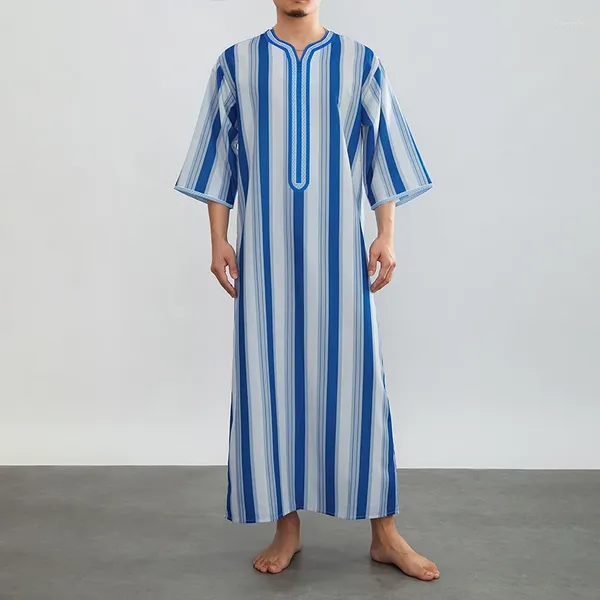 Herren-Freizeithemden, Kaftan-Robe, V-Ausschnitt, halbe Ärmel, gestreift, knöchellang, Nachthemd, lockeres Hemd