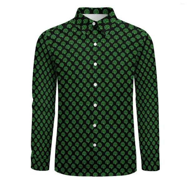 Herren-Freizeithemden, grünes Kleeblatt-Kleeblatt-Hemd, irisches St. Patricks Day-Langarmmuster, Y2K-Blusen, Herbst-Trend-Oversize-Kleidung