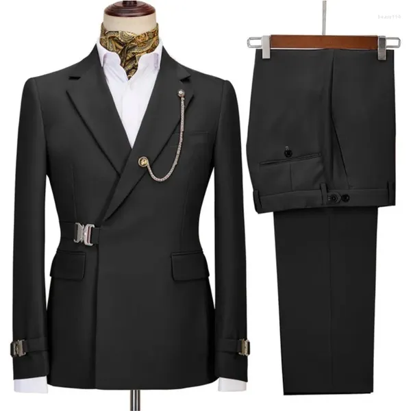 Ternos masculinos com design de cinto preto, 2 peças, traje homme, casamento, noivo, baile, gola mandarim, conjuntos de blazer