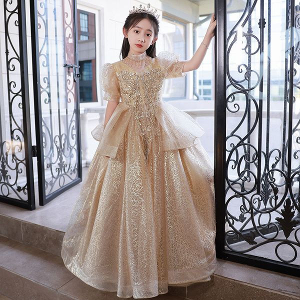 Bling Princess Flower Dress 2024 Nuovo Champagne Tutu Girls Birthing Formale Party Wear Child Kids Abiti da concorso First Holy Communione Abito da bambina 403