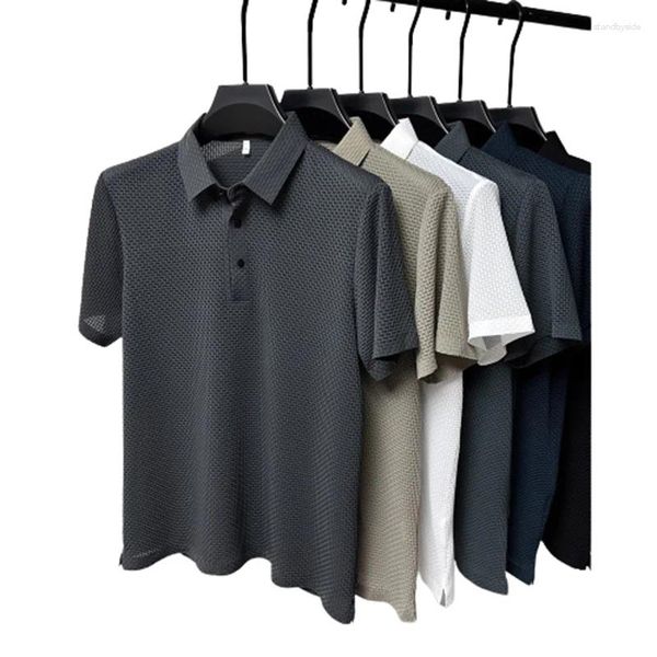 Herren Polos Sommer Polo T-Shirt für Männer Hohl kurzärmelige graue Eisseide atmungsaktive Business-Mode T-Shirt männliche Markenkleidung