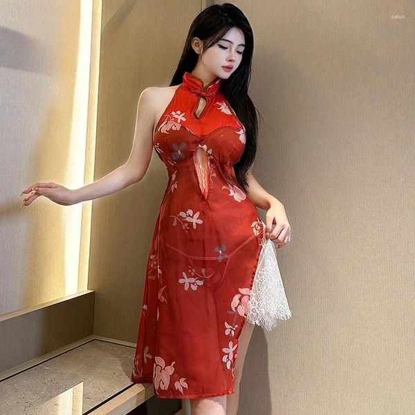 Abbigliamento etnico Lingerie sexy Abito cinese Cheongsam Prospettiva Gonna tradizionale Qipao Pigiama con fasciatura senza schienale in pizzo Costumi con fascino donna