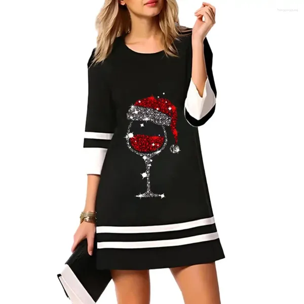 Vestidos casuais mulheres mini vestido árvore de natal elk copo de vinho padrão para 3/4 manga pulôver streetwear com o-pescoço