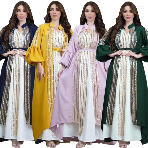 Casual Dresses Damen Eid Abaya 2-teiliges Set für Frauen Laternenärmel Ramadan Pailletten Jalabiya Kleid Muslim Maxi Robe Caftan Party Vestidos