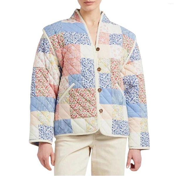 Casacos de Trench Femininos Mulheres Floral Imprimir Jaquetas Acolchoadas Single-Breasted Algodão Down Casaco Leve Jaqueta Acolchoada Senhoras Outerwear com