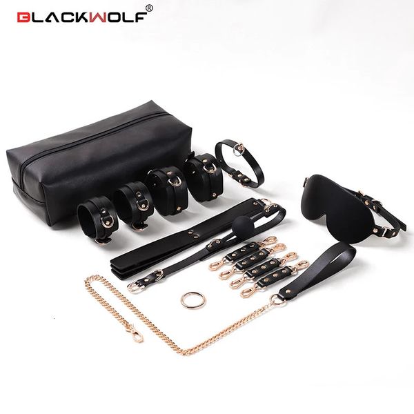 Blackwolf portátil bdsm bondage kits de retenção de couro conjunto algemas colar mordaça máscara de olho brinquedos sexuais para mulheres casais adultos jogos 240117