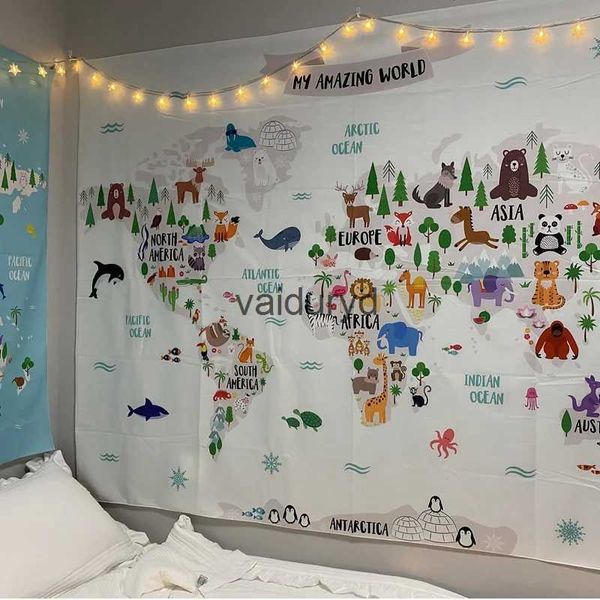 Tapeçarias Animal Mapa Do Mundo Tapeçaria Pendurado Crianças Tecido Dos Desenhos Animados Hippie Tapiz Bonito Estilo Europeu Quarto Kawaii Room Decorvaiduryd