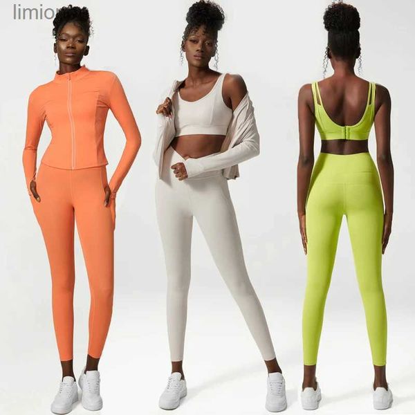 Aktif Setler 2/3 Parça Fitness Yoga Set Kadınlar Düz Renk Çalışma Gym Suit Uzun Kollu Ceket Seksi Sütyen Yüksek Bel Taytlar Egzersiz Sportsweal240118