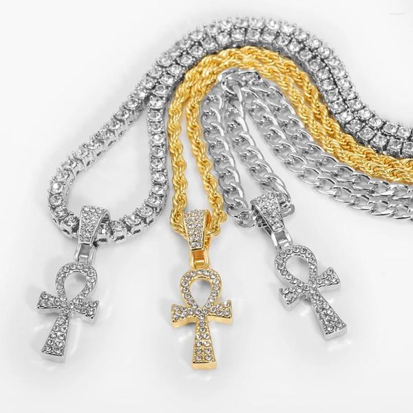 Ожерелья с подвесками, блестящие египетские анк-подвески, мужская крестовая веревочная цепочка, ключ жизни, блестящее ожерелье со стразами, ювелирные изделия в стиле хип-хоп, женские украшения