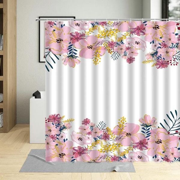 Cortinas de chuveiro com tema de flores, cortina colorida floral, planta, arte, design, tecido de poliéster, à prova d'água, banheiro com 12 ganchos