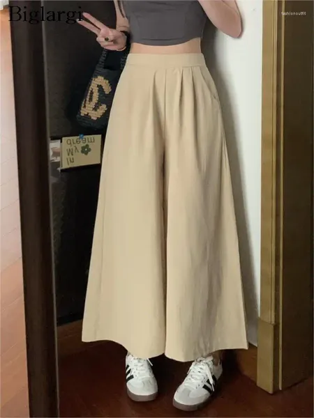 Calças femininas primavera cintura alta calça feminina perna larga estilo coreano solto senhoras calças plissado moda casual mulher saias