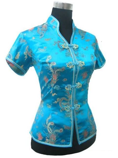 Promozione Blu Camicetta estiva da donna stile cinese Camicia con scollo a V Top in raso di seta Tang Top S M L XL XXL XXXL JY0044-4 240117