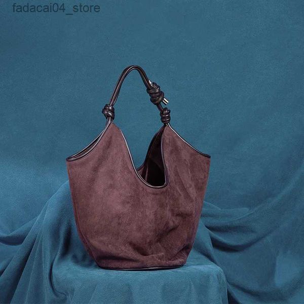 Shopping Bags Suede Dark Coffee Color Knot Bucket Bag New Style Simple Temperament Armpit Large Capacity Shoulder Bag Tote Bags Shopping Women Q240118