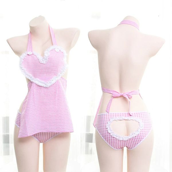 Estilo japonês bonito kawaii sexy lingerie bruxa amor peito empregada uniforme servos bondage rendas amor aventais pijamas 240117