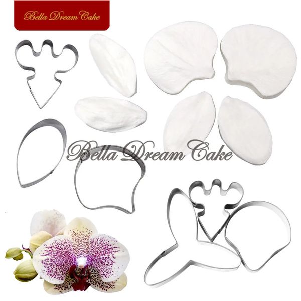 9 stks Orchidee Bloemblaadje Blad Siliconen Veiner Mold Rvs Cutter DIY Fondant Bloem Klei Mal Taart Decoreren Gereedschappen Bakvormen 240117