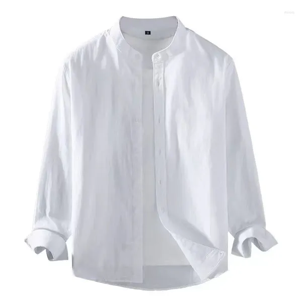 Camicie casual da uomo Camicia a maniche lunghe in lino bianco 2024 Colletto alla coreana Henry Morbido e confortevole tinta unita estiva 3XL