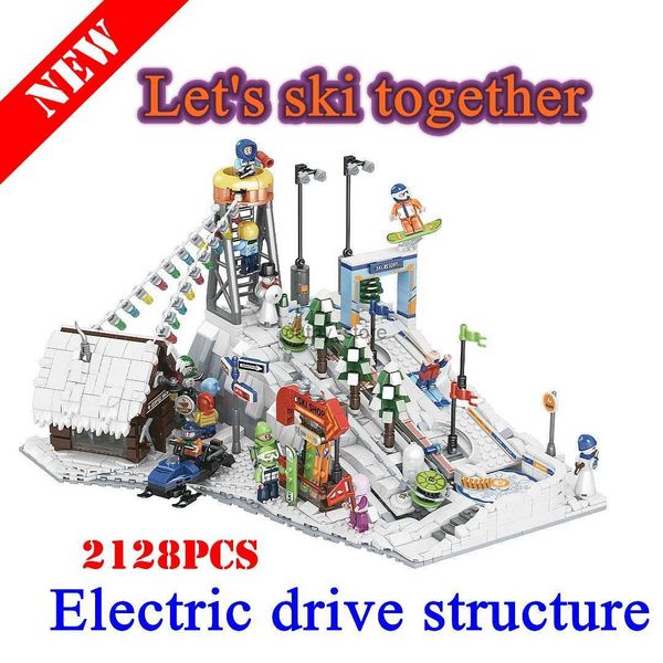 Blocos de neve mundo esportes estação de esqui modelo cidade rua vista loja bloco de construção elétrica tijolo crianças moc arquitetura brinquedos presentesl240118