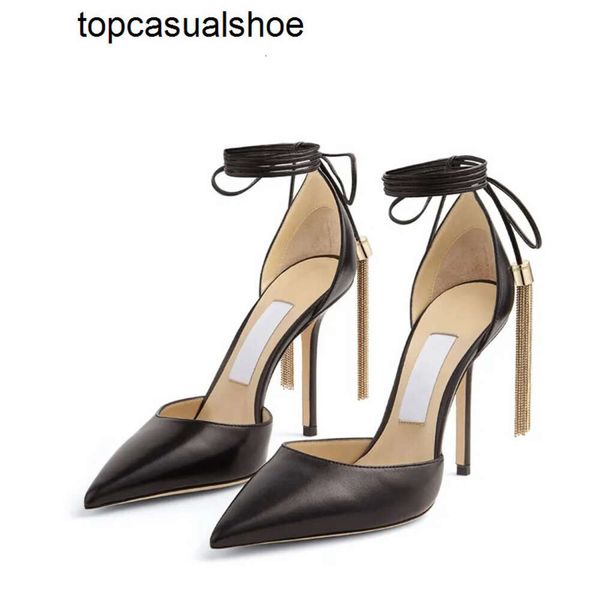 JC Jimmynessity Choo bombeia sandálias de moda de ouro Mulheres de couro preto Taxelo de tornozelo comprido Takes Desenho de candidatos à noite Classic Dress Sandal Salto alto UE 3