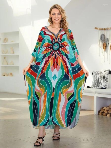 Lässige Kleider Grün gestreift bedrucktes Strandkleid für Frauen 2024 Böhmische Robe Kaftan Entspannter Urlaub Urlaub Moo Outfit Q1638