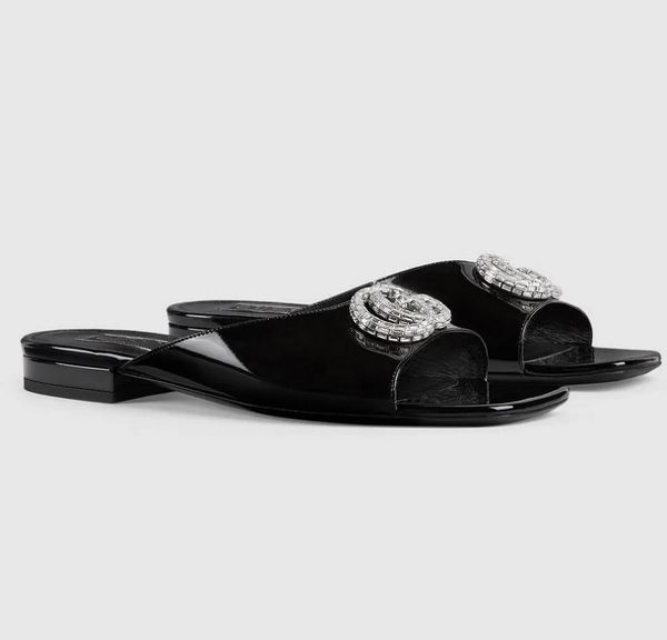 Verão Luxo Duplo-G Com Cristal Mulheres Sandálias Sapatos Slip On Slide Flats Calçado Feminino Espumante Hardware Casa Calçado Senhora Slip On Home Walking EU43