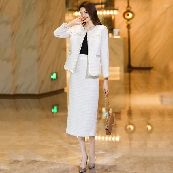 İş elbiseleri kadınlar zarif sadelik beyaz yün etek setleri sonbahar moda gevşek ceket uzun yün harmanlanmış iki parça