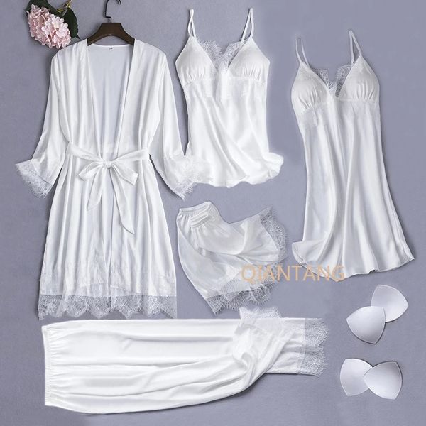 Branco de seda pijamas conjunto feminino 5 pçs noiva casamento robe camisola sexy renda chemise sleepwear quimono roupão vestido lingerie 240117