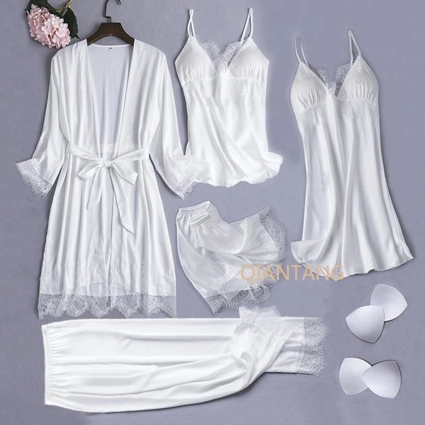 Branco de seda pijamas conjunto feminino 5 pçs noiva casamento robe camisola sexy renda chemise sleepwear quimono roupão vestido lingerie 240118