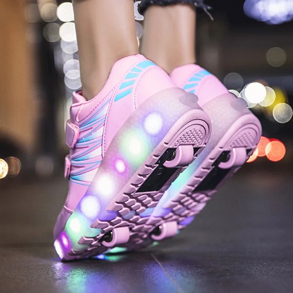 Meninos e meninas patins rodas de reboque sapatos luz brilhante led crianças moda luminosa esporte casual wheelys patinação tênis 240117