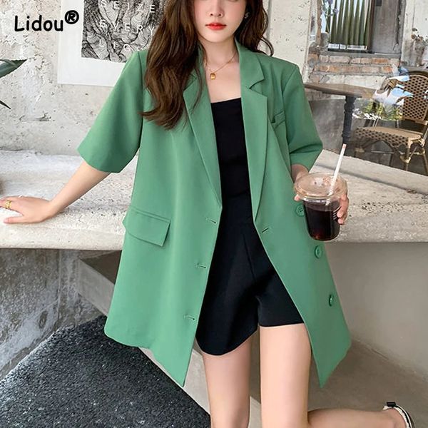 Negócios casual coreano solto longo reto sólido botão plus size bolsos blazers roupas femininas entalhado topos primavera outono 240117