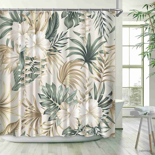 Cortinas de chuveiro plantas tropicais floralhower cortinas bege verde folhas de palmeira flores decoração nórdica banheiro poliéster cortina de banho com