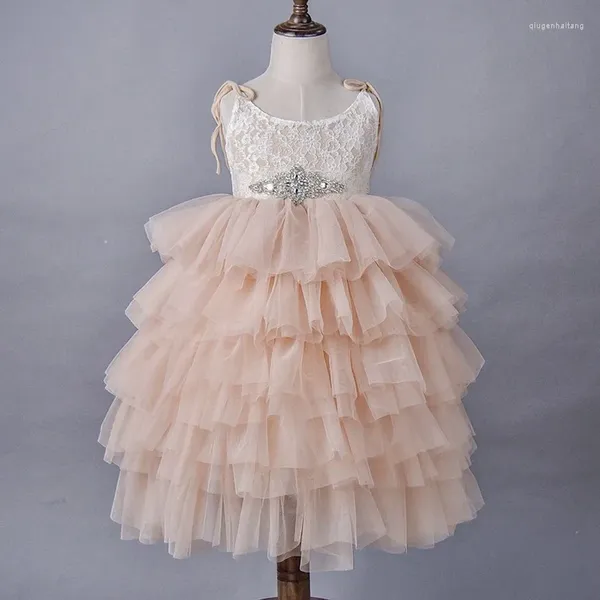 Mädchen Kleider 2024 Sommer Mädchen Spitze Prinzessin Kleid Kinder Gaze Schlinge Kind Blume Mit Strass Schärpen