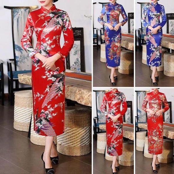 Ethnische Kleidung Satin Damen Kleid Blumendruck 3/4 Ärmel High Side Split Qipao Klassisches chinesisches Cheongsam für schlanken Sommer Frühling