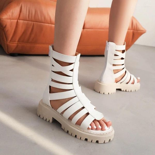 Sandalen BLXQPYT Gladiator Damen 2024 Sommer Mesh Stiefel Mädchen Studenten High Heels Reißverschluss Peep Toe Freizeitschuhe Plus Größe 32-43 9-6