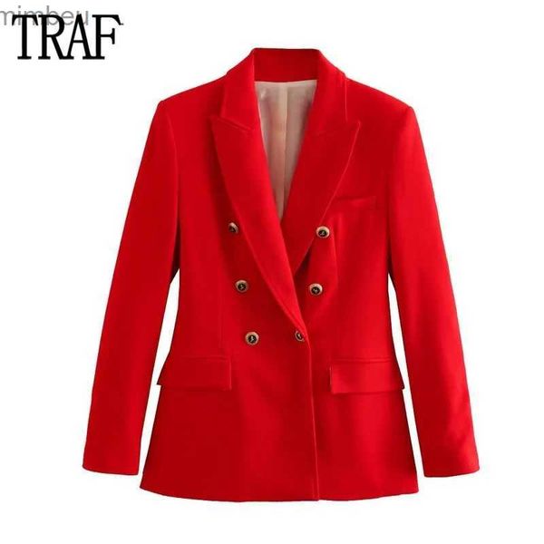 Kadınlar Suits Blazers Trafı Kırmızı Terzi Kadınlar Blazers Çift Orman Kelime Blazer Kadın Uzun Kollu Ofis Kıyafetleri Kadınlar Blazer Pad Omuz Ceketi Kadınlar240118