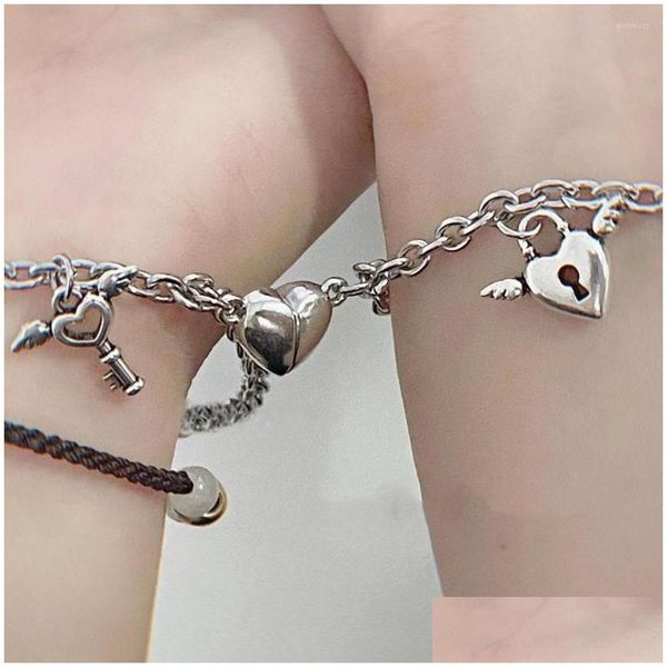 Charme pulseiras 1 par casal pulseira magnética em forma de coração de aço inoxidável anjo asa bloqueio amor ímã jóias entrega gota dhg7l