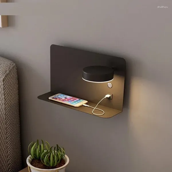 Lâmpada de parede LED luz com prateleira lâmpadas simples modernas interruptor de carregamento USB decoração de fundo arandela