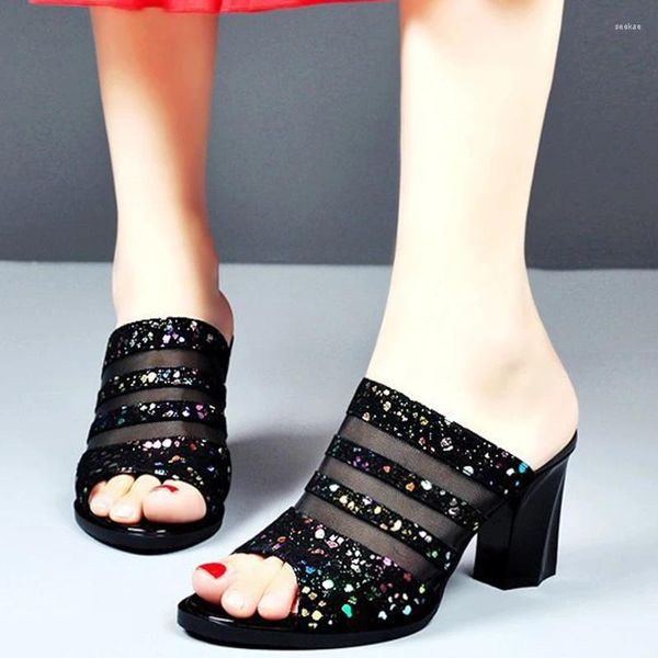 Тапочки Rimocy, модные женские летние черные сандалии с открытым носком на высоком каблуке и блестками, женские шлепанцы без шнуровки, 2024 г.