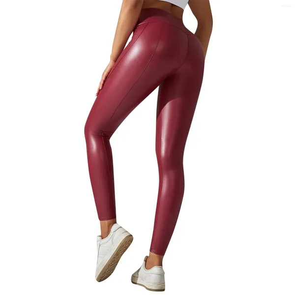 Damen-Leggings, modisch, solide, hohe Taille, Spleißen, enge Hose, Pu-Leder, abgeschnitten, draußen, lässiger Stil