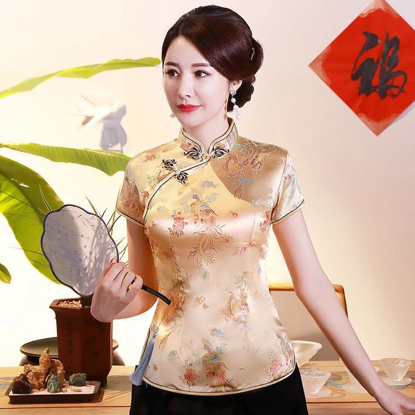 Oversize 3XL 4XL Frauen Satin Hemd Sommer Vintage Chinesischen Stil Bluse Drachen Weibliche Hochzeit Kleidung Traditionelle Klassische Tops 240117