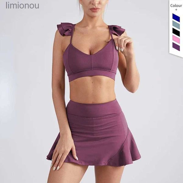 Set attivi Set da due pezzi Donna Yoga Palestra Corsa da badminton Gonna Tuta Crop Top Reggiseno sportivo Pantaloncini impilati Gonna da tennis Abbigliamento da allenamentoL240118