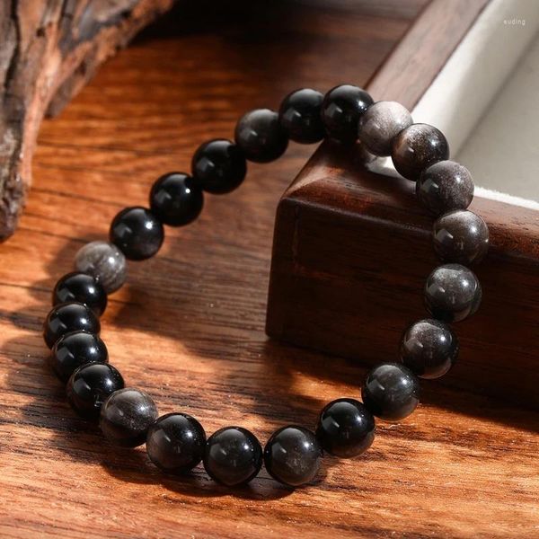 Link pulseiras 8/10/12mm natural obsidiana pulseira para homens mulheres yoga cura equilíbrio de energia pedras casal meditação jóias presente