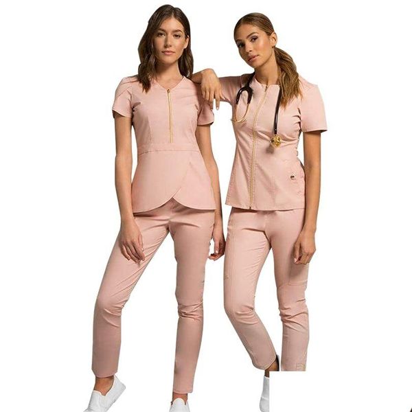 Pantaloni a due pezzi da donna all'ingrosso Le donne indossano tute eleganti per l'uniforme ospedaliera Pantaloni tinta unita Uni Operating 220610 Drop Deliver Dhrv0